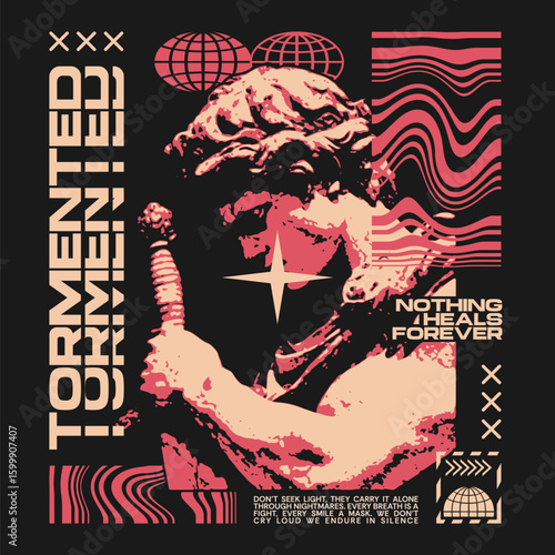 Tormented urban streetwear t-shirt design, Abstract statue poster art, Wavy glitch effect print, Dark aesthetic graphic tee