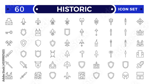 Historic Outline icon set. Heritage Center icon set. Contain linear outline icons historical, guide, expo, culture, al, sculpture, museum and more.