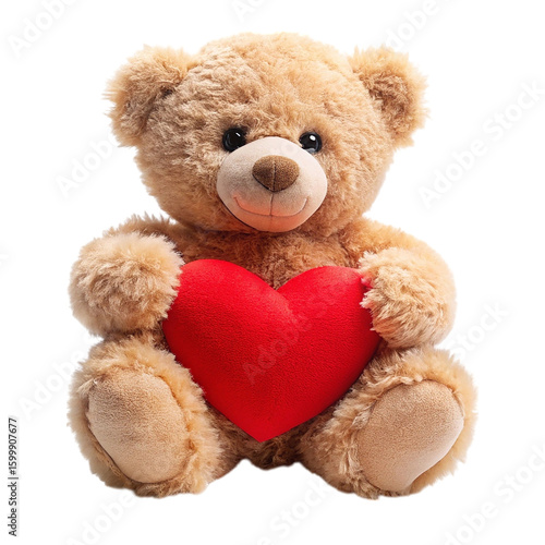 a fluffy teddy bear holding a red heart shaped pillow isolated on transparent background