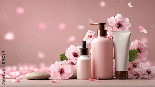 Wallpaper Mural Cherry blossom skincare product mockup set with pink bottles, dropper bottles, and white cream tubes with brown caps, spa stones ,soft pink background with falling petals Torontodigital.ca