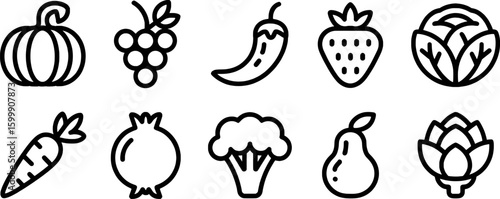 Pumpkin grapes chili strawberry cabbage carrot pomegranate broccoli pear artichoke icons
