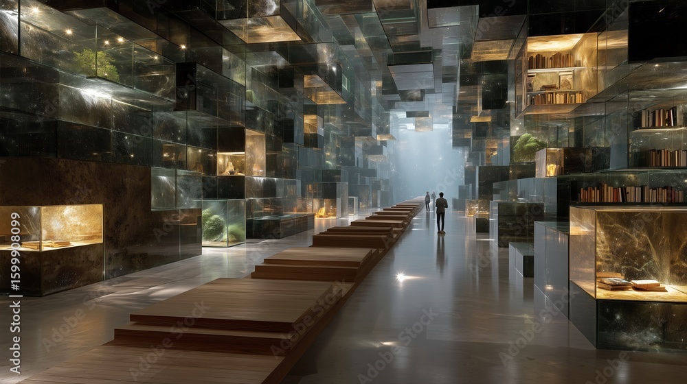 Futuristic Hallway Library with Floating Glass Cubes and Lights Futuristic Hallway Library with Floating Glass Cubes and Lights