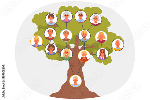 Family tree with different generations to track genus and connections between relatives. Family tree of boy with portraits of mom, dad and grandparents, for concept of importance of ancestral memory