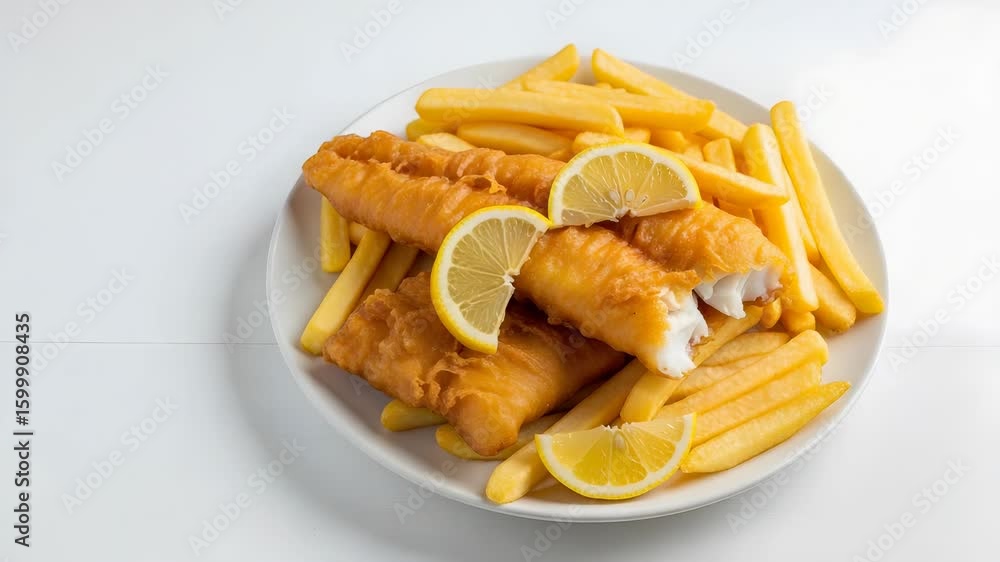 Golden Fish and Chips Garnished with Lemon Wedges on White Plate Overhead View Golden Fish and Chips Garnished with Lemon Wedges on White Plate Overhead View
