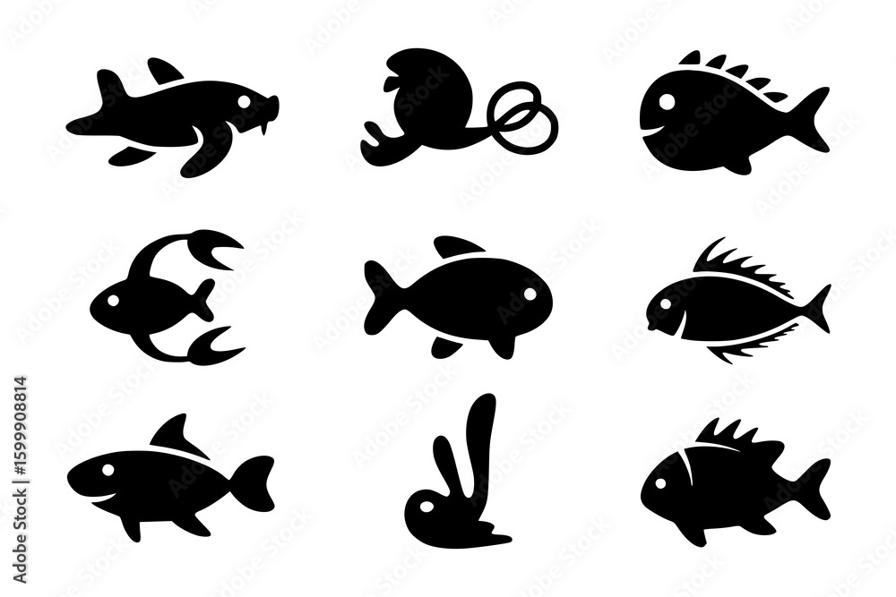 Naklejka premium Ocean Life Icons: A set of nine monochrome vector illustrations depicting various aquatic creatures, including fish, a crab, and a shark, in a simple, bold style.