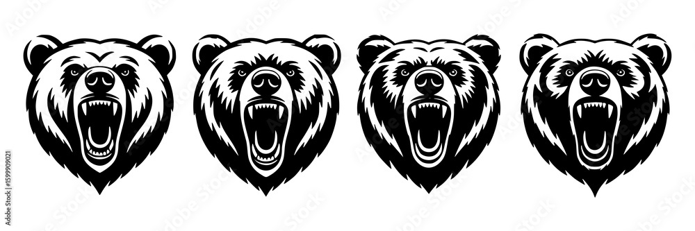 Fototapeta premium Roaring Bear Heads: A set of four fierce monochrome line art bear illustrations, showcasing powerful, snarling expressions in a bold vector style.