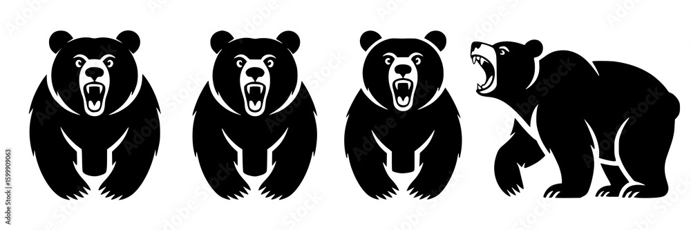Obraz premium Grizzly Bear Icon Set: A bold monochrome illustration featuring three variations of a roaring bear, showcasing its powerful presence in a simple, vector graphic style.