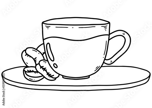 White porcelain mug with a hot black coffee or tea, isolated on a table with a saucer and spoon, perfect for breakfast