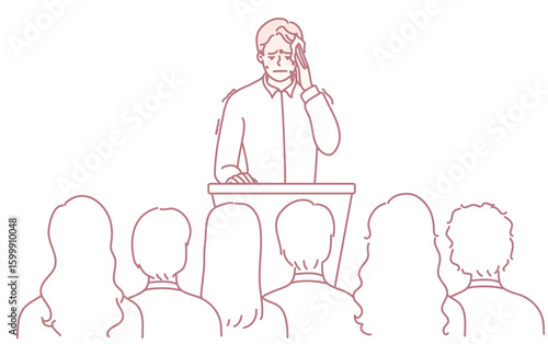 A public speaker appears visibly nervous while addressing a large audience during an important presentation
