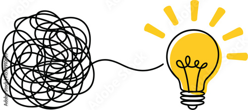Lightbulb with tangled lines problem solving and brainstorming idea concept vector illustration