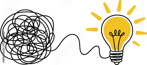 Lightbulb with tangled lines problem solving and brainstorming idea concept vector illustration
