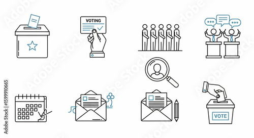 Voting and Election Line Icon Set – Vector Ballot Box, Civic Participation, Candidate, Debate Symbols