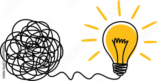 Lightbulb with tangled lines problem solving and brainstorming idea concept vector illustration