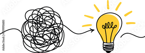 Lightbulb with tangled lines problem solving and brainstorming idea concept vector illustration