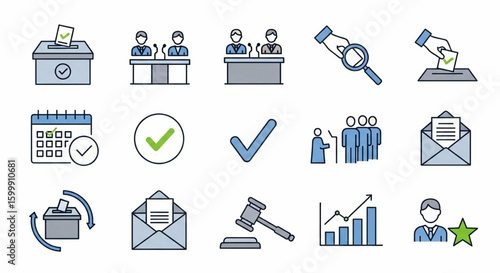 Voting and Election Line Icon Set – Vector Ballot Box, Civic Participation, Candidate, Debate Symbols