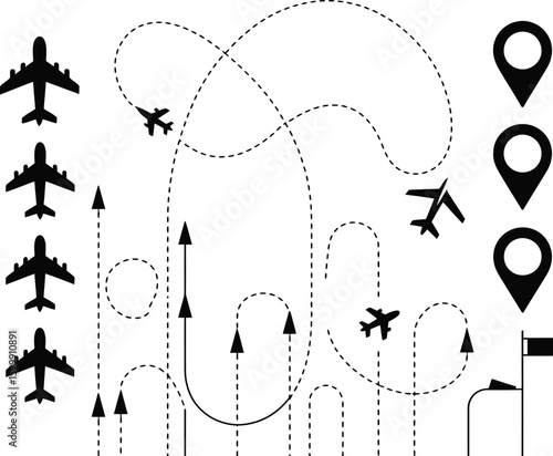 A line with a plane and a line with a route that says " travel ".
