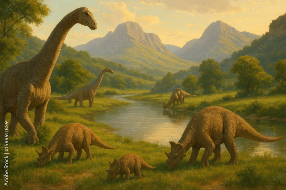 Naklejka premium Herd of dinosaurs eating grass in painting.