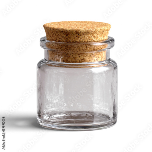Empty small glass jar with a cork stopper on a neutral background