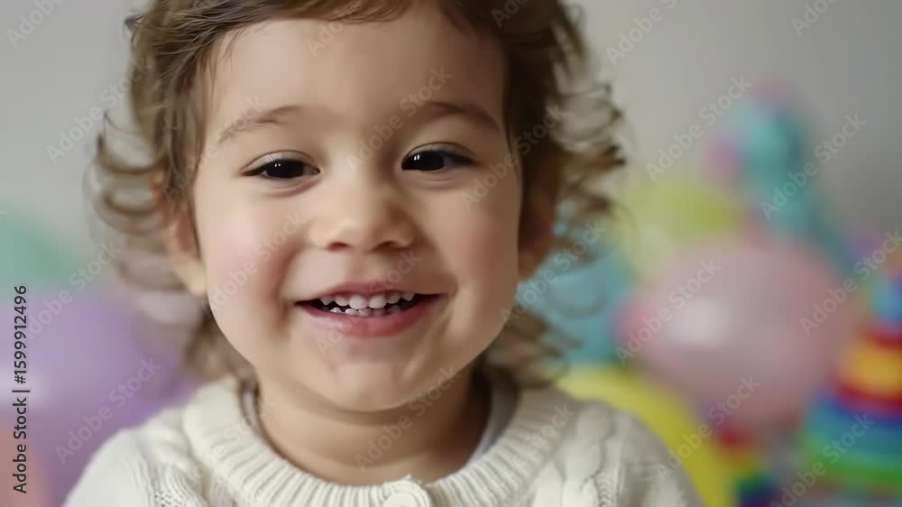Toddler smiling, indoor playroom, toys blurred Toddler smiling, indoor playroom, toys blurred