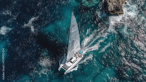 Aerial View of a Catamaran Sailing in the Ocean near Rocky Coastline