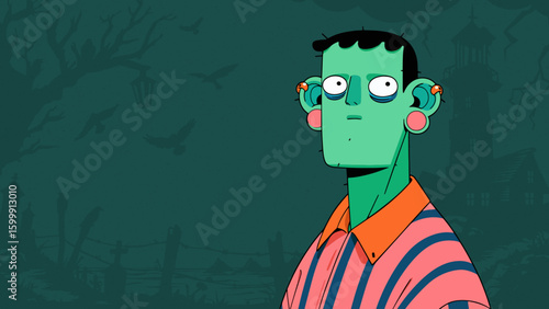 Frankenstein inspired cartoon boy - Halloween spooky background illustration