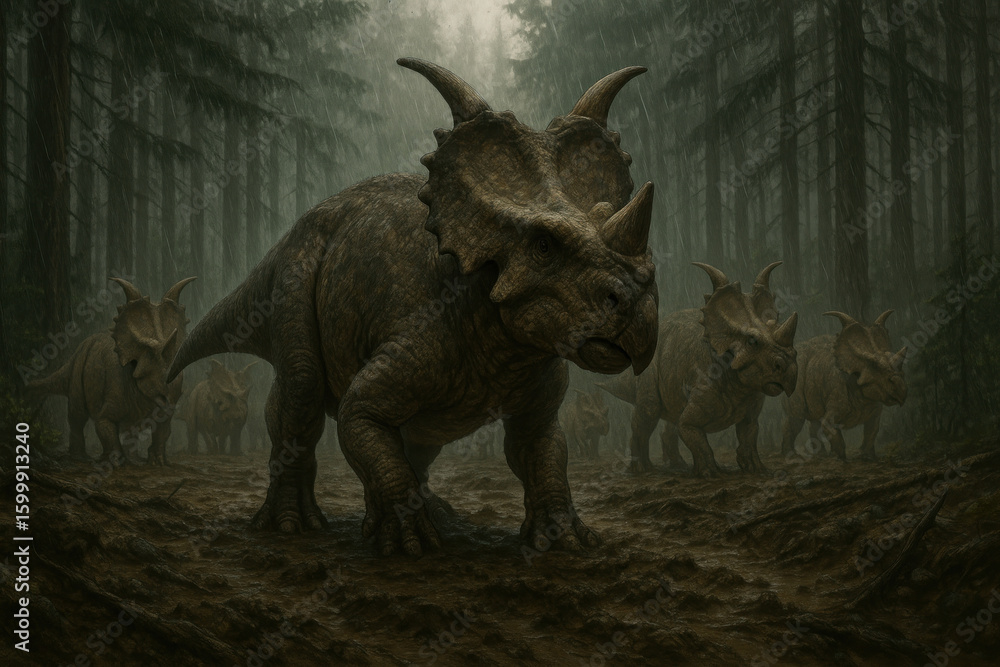 Fototapeta premium Large dinosaur walks through a forest of trees.