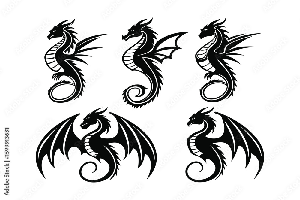 Naklejka premium Four Black Dragons Stylized Designs Winged Creatures