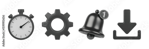Black Stopwatch Gear Bell with Notification and Download Icon Set on White Background