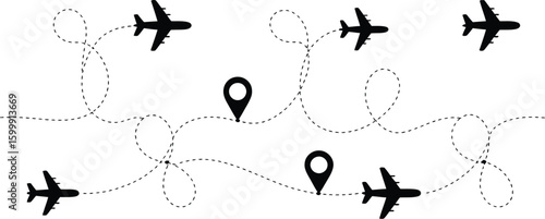 Airplane dotted path set aircrafts route dotted line route airline trajectory