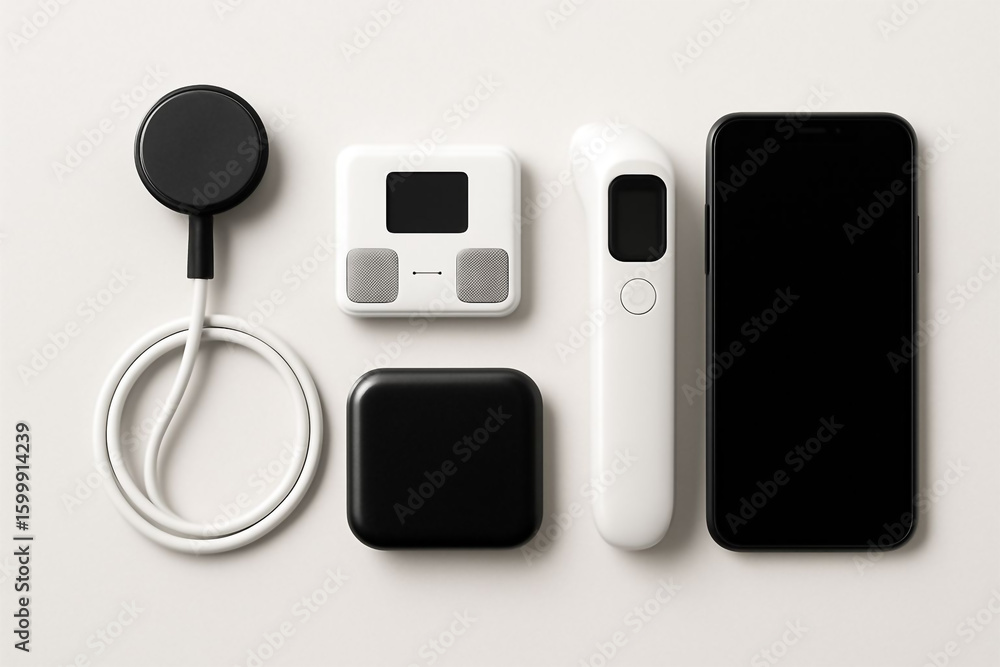 Modern minimalist tech accessories flat lay: smartphone, health tracker, power bank, and more. Modern minimalist tech accessories flat lay: smartphone, health tracker, power bank, and more.