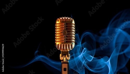 Vintage Microphone with Blue Sound Waves on Black Background