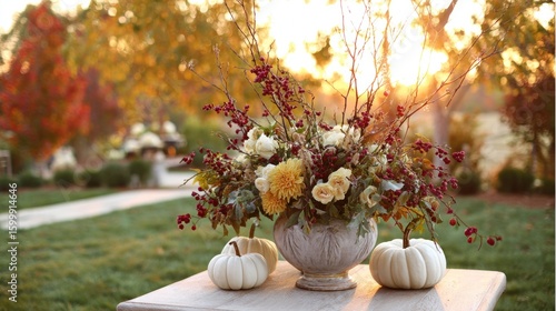 Wallpaper Mural Autumnal floral arrangement in a decorative planter with pumpkins. Torontodigital.ca
