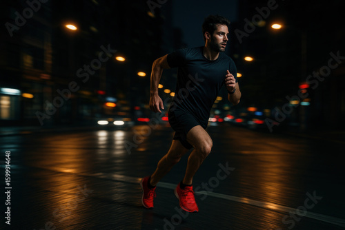 Man running on city street at night.