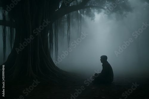 Figure Sitting Quietly in Foggy Forest