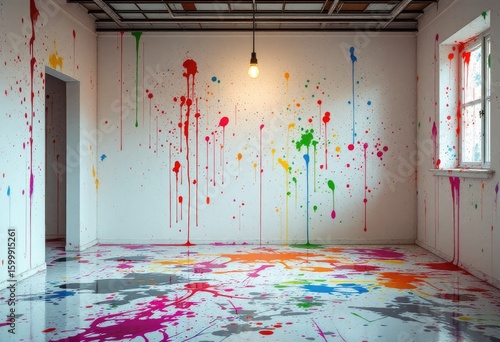A minimalist room with a white wall and floor splattered with vibrant, multicolored paint drips and splashes; a single bare bulb hangs from the ceiling