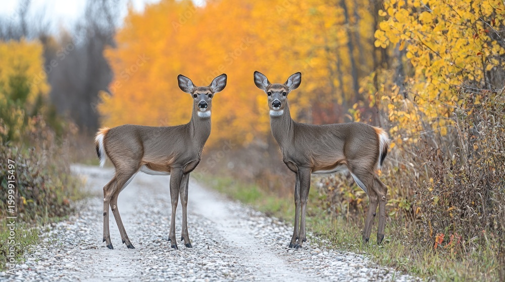 Fototapeta premium Two White-Tailed Deer in Autumnal Forest