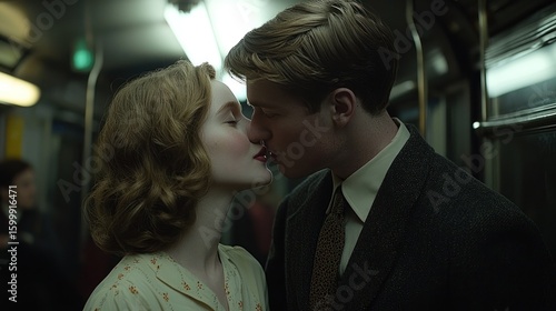 A tender moment captured on film: A passionate kiss shared by a couple amidst the bustling atmosphere of a vintage subway car.