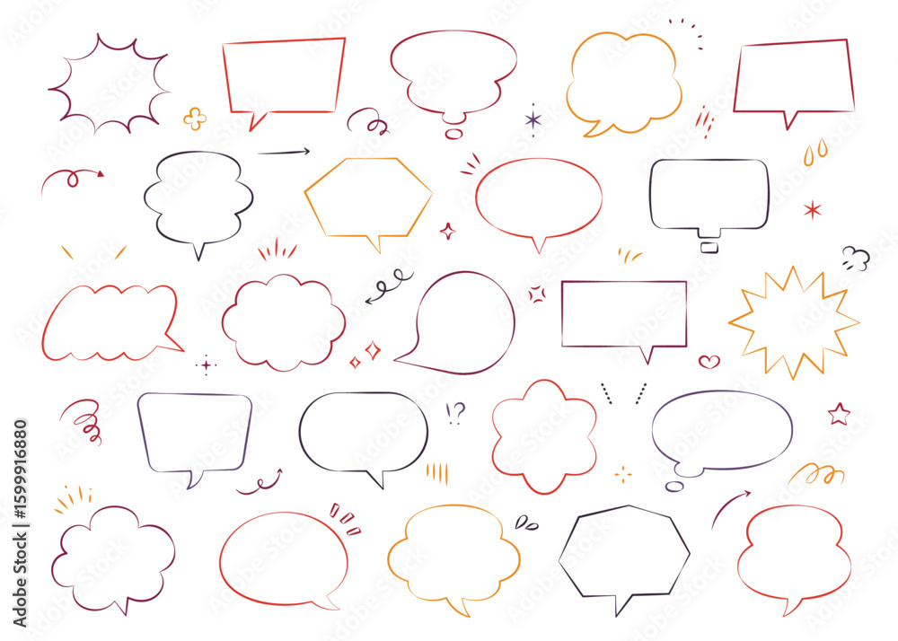 Obraz premium ペン画風の吹き出し ベクター 素材 セット イラスト 矢印 ハート 線画 あしらい 囲み 飾り