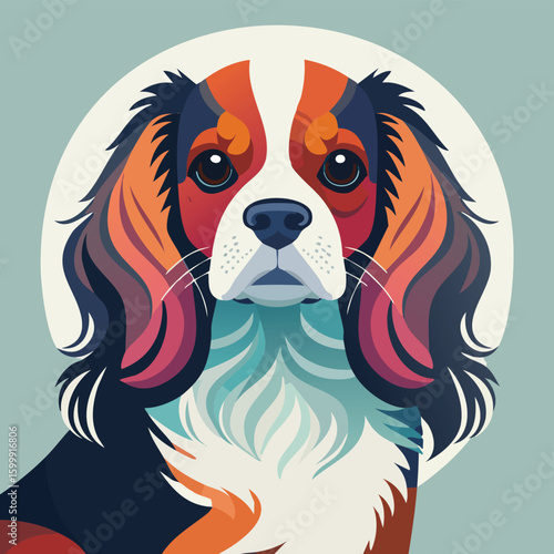 Cavalier King Charles Spaniel illustrated through prismatic light patterns and faceted symmetry in abstract style.