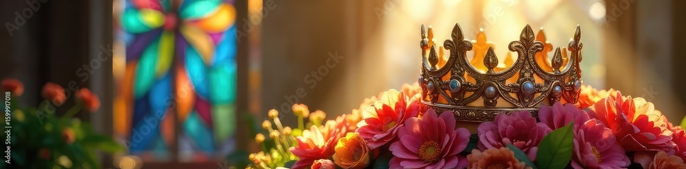 Obraz premium A majestic crown rests atop a vibrant floral arrangement, signifying rebirth and renewal Sunlight streams through a stained-glass window, casting a radiant glow , renewal, fantasy