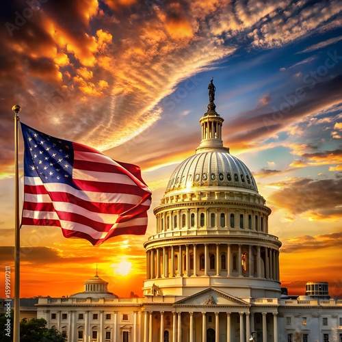 The american flag waves in front of the capitol building at sunset symbolizing democracy and governance
