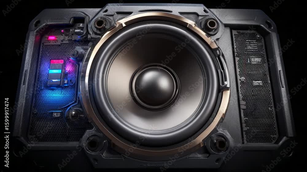 Professional audio speaker with modern design and futuristic accents, highlighting sound system Professional audio speaker with modern design and futuristic accents, highlighting sound system