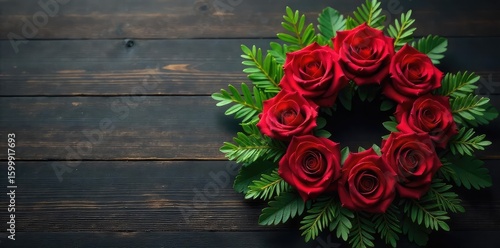 A somber yet elegant funeral wreath, crafted with deep red roses and evergreen boughs, rests on a dark wooden surface Perfect for sympathy, remembrance, and loss imagery , ceremony, funeral wreath