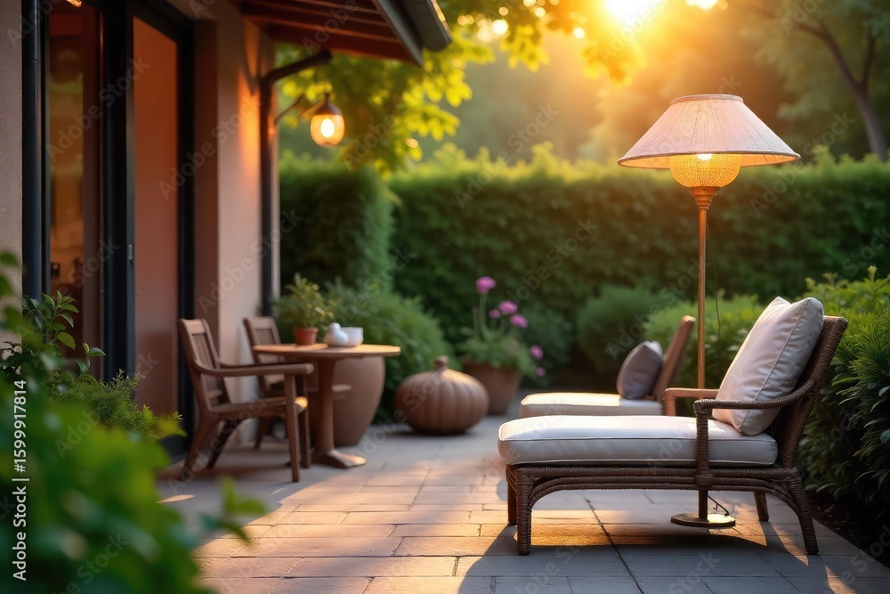 Obraz premium A stylish table lamp casts a warm, inviting glow on a sun-drenched patio, perfect for summer evenings The scene evokes relaxation and outdoor enjoyment , sunlight, summer evening, peaceful