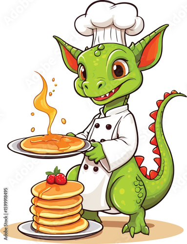 Charming Cartoon Style Image Of A Whimsical Green Dragon Chef Wearing A Chefs Hat And Uniform Presenting A Stack Of Delicious Pancakes Topped With Strawberries And Drizzled With Sweet Syrup