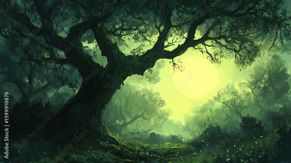Fototapeta premium Enchanted Forest Illustration with Mystical Light and Ancient Trees