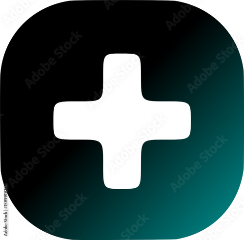 A white plus sign, centered on a dark, gradient-filled, rounded square.