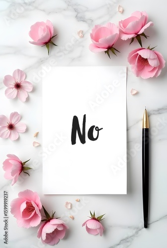 A simple white card featuring a bold black No is elegantly surrounded by delicate pink blossoms, vertical composition. This stylish flat lay composition is perfect for blog posts or social media.