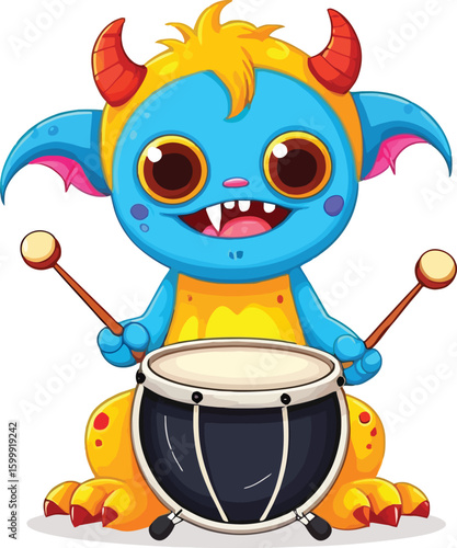 Cute Cartoon Monster Plays Drum For Kids Education And Entertainment
