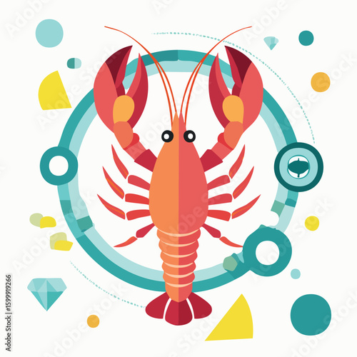 Lobster illustrated through prismatic light patterns and faceted symmetry in abstract style.